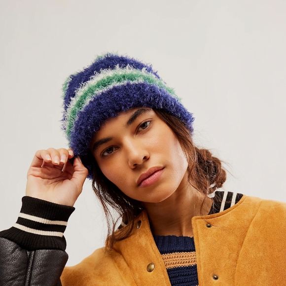 Free People Accessories - Free People Airy Rib Stripe Beanie Stylish Blue and Green Knit Beanie One Size